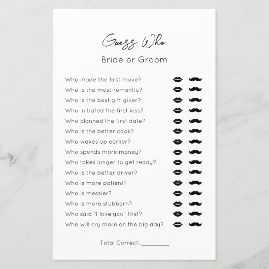Guess Who-BrideまたはGroom-Plainブライダルシャワーゲーム (正面)