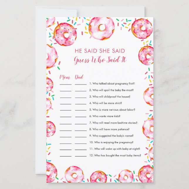 Guess who Said it Donuts Diapers Baby Shower Game (正面)