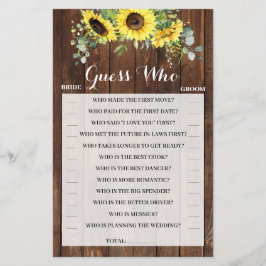 Guess Who Sunflowersブライダルシャワーゲームカード チラシ