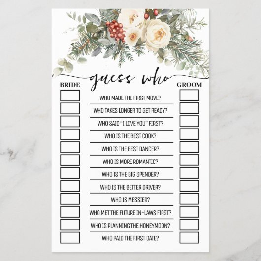 Guess Who Winter Floral Bridal Shower Game Card チラシ (正面)