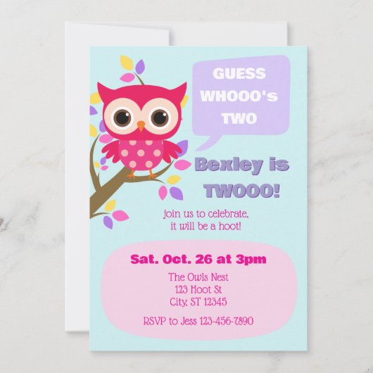 Guess Who's Two, Pink Owl 2nd Birthday 招待状 (正面)