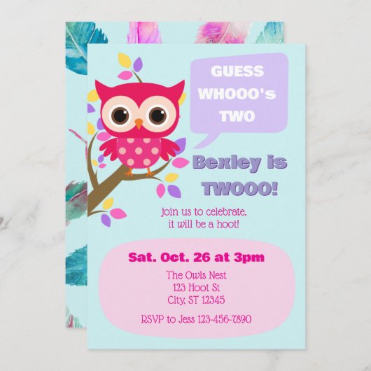 Guess Who's Two, Pink Owl 2nd Birthday 招待状 (正面/裏面)