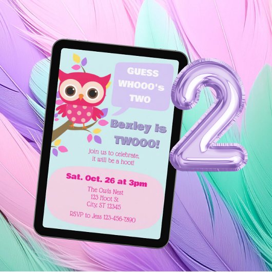 Guess Who's Two, Pink Owl 2nd Birthday 招待状