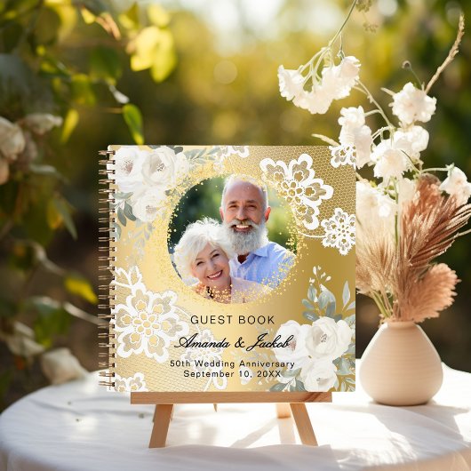 Guest book 50th 結婚 Anniversary金ゴールド写真 ノートブック