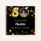 Guest book 50th birthdayブラック金ゴールド星写真 ノートブック (正面)