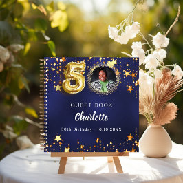 Guest book 50th birthday navy blue金ゴールドスター写真 ノートブック
