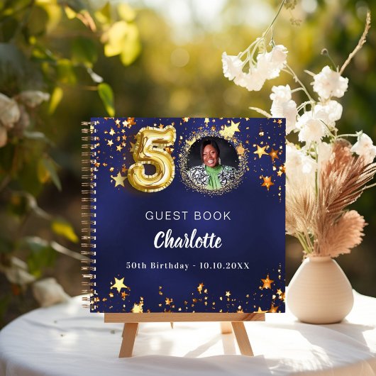 Guest book 50th birthday navy blue金ゴールドスター写真 ノートブック