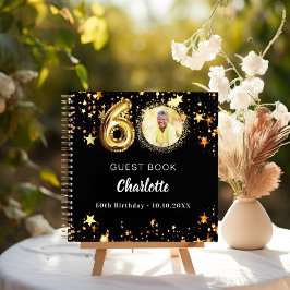 Guest book 60th birthdayブラック金ゴールド星写真 ノートブック