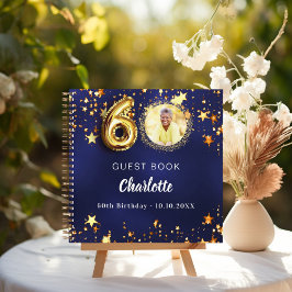 Guest book 60th birthday navy blue金ゴールドスター写真 ノートブック
