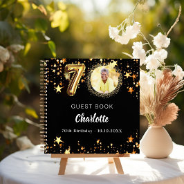 Guest book 70th birthdayブラック金ゴールド星写真 ノートブック
