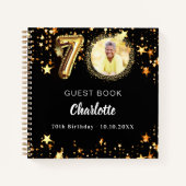 Guest book 70th birthdayブラック金ゴールド星写真 ノートブック (正面)