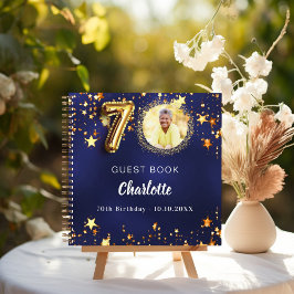 Guest book 70th birthday navy blue金ゴールドスター写真 ノートブック