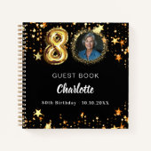 Guest book 80th birthdayブラック金ゴールド星写真 ノートブック (正面)