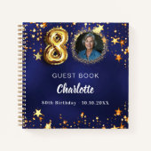 Guest book 80th birthday navy blue金ゴールドスター写真 ノートブック (正面)