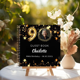 Guest book 90th birthdayブラック金ゴールド星写真 ノートブック