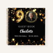 Guest book 90th birthdayブラック金ゴールド星写真 ノートブック (正面)