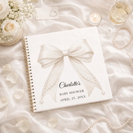 Guest book Baby Shower bow ivory white pearls ノートブック