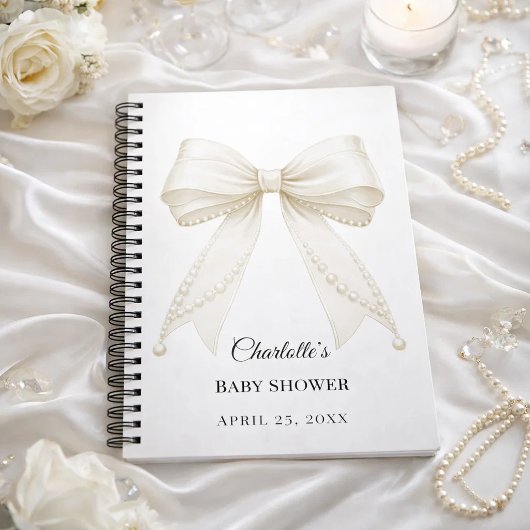 Guest book Baby Shower bow ivory white pearls ノートブック