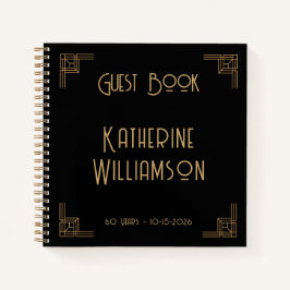 Guest Book Birthday Black Gold Art Deco ノートブック
