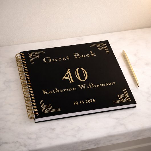 Guest Book Birthday Black Gold Art Deco ノートブック