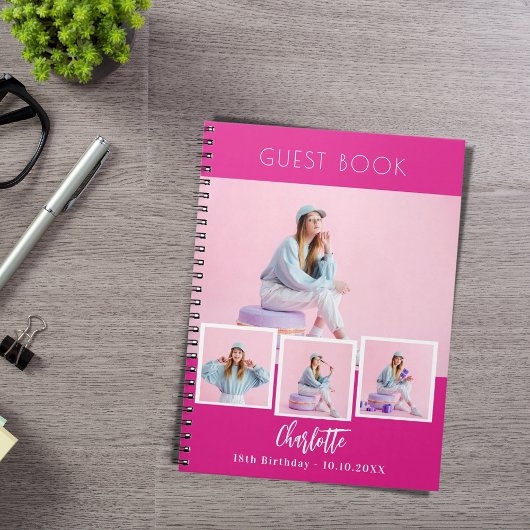 Guest book birthday hot pink photo collage girl ノートブック