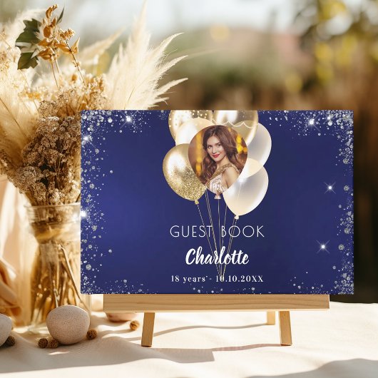 Guest book birthday navy blue photo金ゴールドバルーン ゲストブック