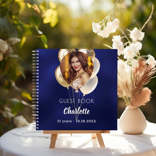Guest book birthday navy blue photo gold balloons ノートブック