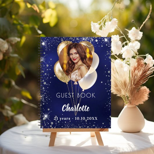 Guest book birthday navy blue photo gold balloons ノートブック
