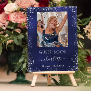 Guest book birthday navy blue silver photo ノートブック