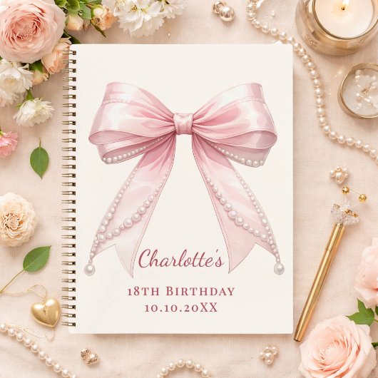 Guest book Birthday pink bow ivory pearls ノートブック