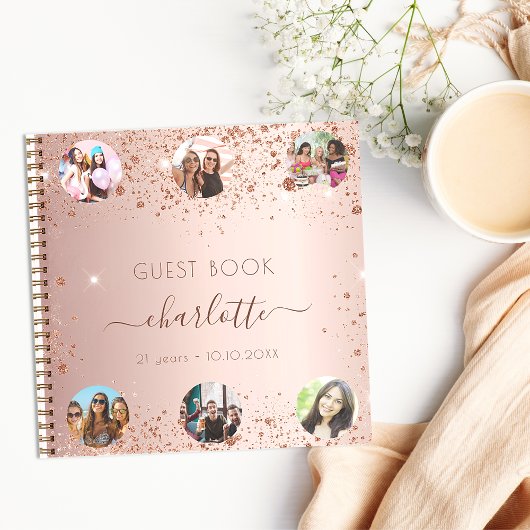 Guest book birthday rose gold glitter name photo ノートブック