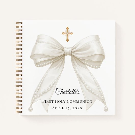 Guest book First Communion bow ivory white pearls ノートブック (正面)