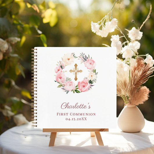 Guest book First Communion floral wreath pink ノートブック
