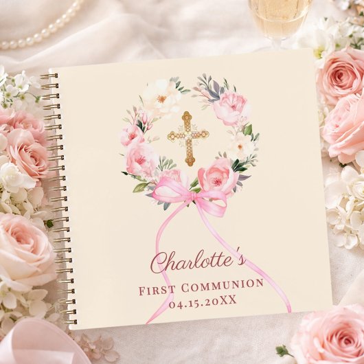 Guest book First Communion ivory blush bow floral ノートブック