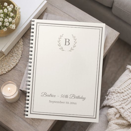 Guest Book ivory taupe Monogram Birthday budget ノートブック
