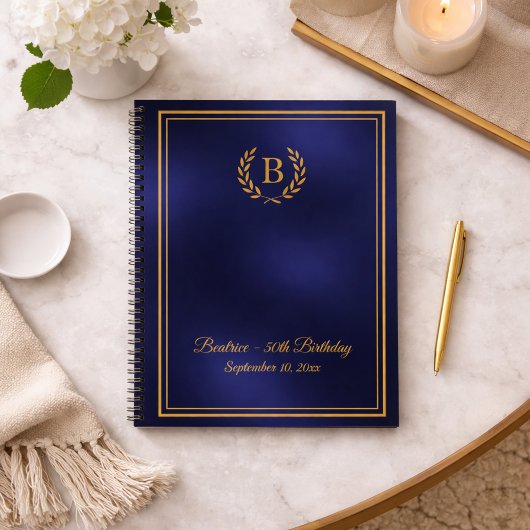 Guest Book navy blue gold Monogram wreath Birthday ノートブック
