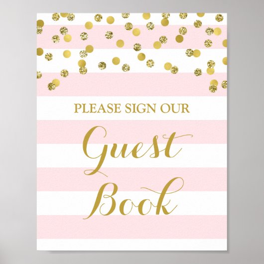 Guest Book Sign Pink Stripes Gold Confetti ポスター (正面)