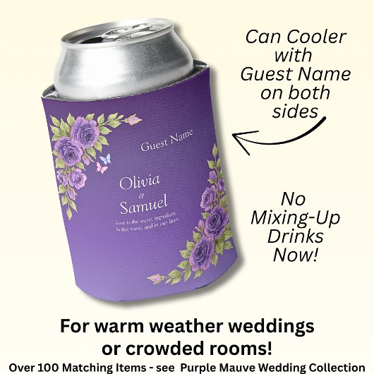 Guest Name Purple Mauve Flowers & White Wedding 缶クーラー