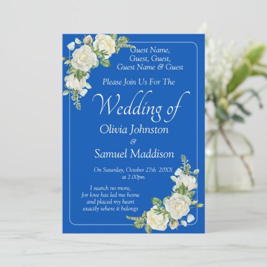 Guest Names, Cobalt Blue & White Roses Wedding 招待状 (スタンド正面)