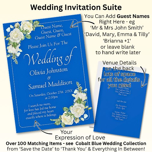Guest Names, Cobalt Blue & White Roses Wedding 招待状