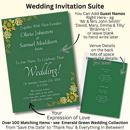 Guest Names, Emerald Green & Gold Wedding  招待状