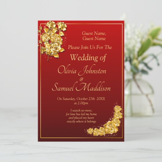 Guest Names, Gold Roses Maroon Red Wedding 招待状 (スタンド正面)