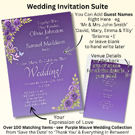 Guest Names, Purple Mauve Flowers & White Wedding  招待状