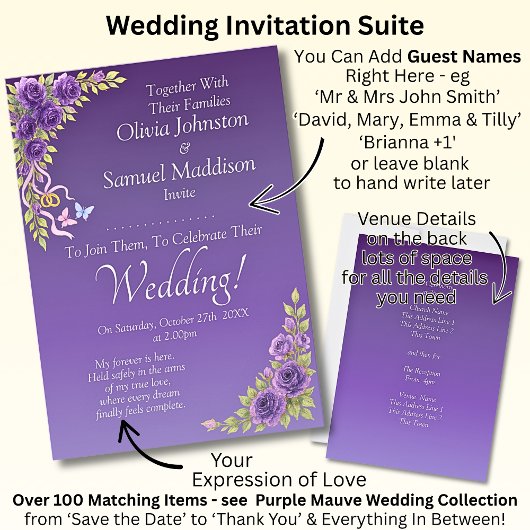 Guest Names, Purple Mauve Flowers & White Wedding  招待状