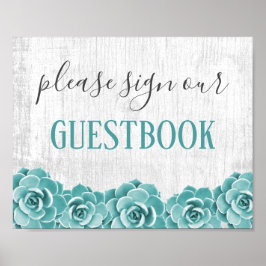 Guestbook Sign Rustic Succulent Floral Barn Wood ポスター