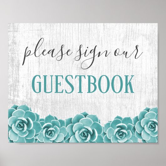 Guestbook Sign Rustic Succulent Floral Barn Wood ポスター (正面)