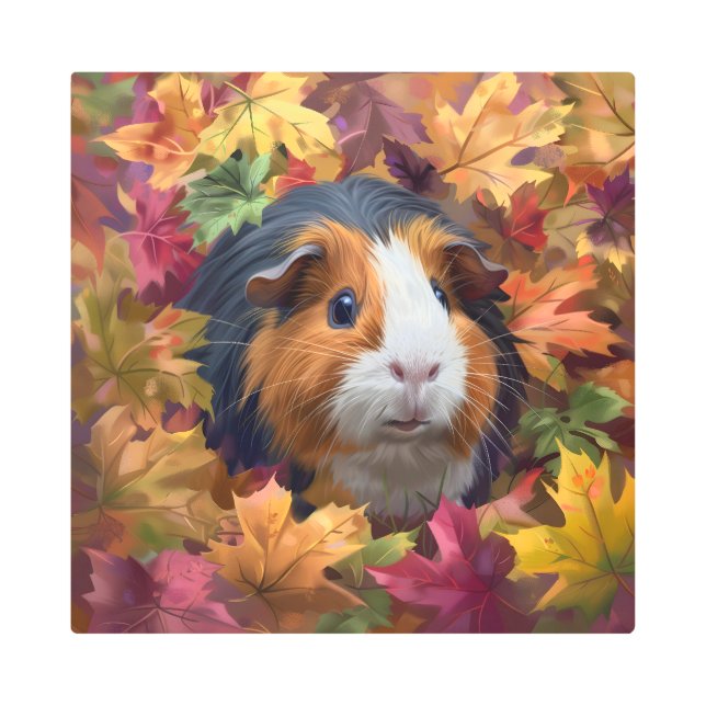 Guinea Pig Among Autumn Leaves メタルプリント (正面)