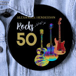 Guitar 50th Birthday Party 50 Rocks Custom  缶バッジ<br><div class="desc">Personalized Rocks 50 50th birthday party button with three cool watercolor guitar designs on black background. An electric guitar with Fire flame pattern and red pick guard, a multicolored semi acoustic guitar and a psychedelic classic acoustic guitar art illustration with personalized black and gold modern cool typography. This easy to...</div>