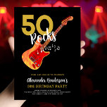 Guitar 50th Birthday Party for He 招待状<br><div class="desc">50 Rocks 50th birthday party invitation with electric guitar with Fire flame pattern and red pick guardイラストレーションをブラックバックに音楽ノートで飾る。テンプレートを使用して金ゴールドと白カスタムのタイポグラフィ書でクールの招待を作モダン成する簡単。ロックとロ素晴らしーのスタイルで祝のロックスターの夫のボーイフレンドのパパまたは友人のための50マイルストンの誕生日への道であり、ギタリスト、ミュージシャン、音楽の愛好家に理想的である。このクールミュージカルモダン楽器デザインは50の誕生祝いをロックする方法である素晴らし。オリジナルのアートワークby artist Catherine Sweetman</div>