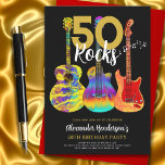 Guitar Black and Gold 50th birthday party 招待状<br><div class="desc">50 Rocks birthday party invitations with three cool colorful guitar designs. An electric guitar with Fire flame pattern and red pick guard, a multicolored semi acoustic guitar and a psychedelic classic acoustic guitar art illustration with personalized black and gold modern cool typography. This easy to use template creates the perfect...</div>